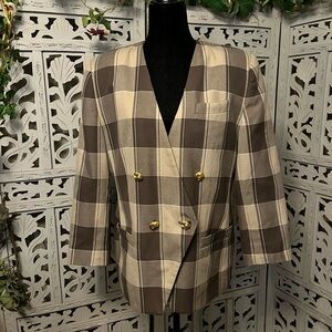 VINTAGE EXECUTIVE COLLECTION PLAID SHADES OF TAN LONG SLEEVE JACKET BLAZER
